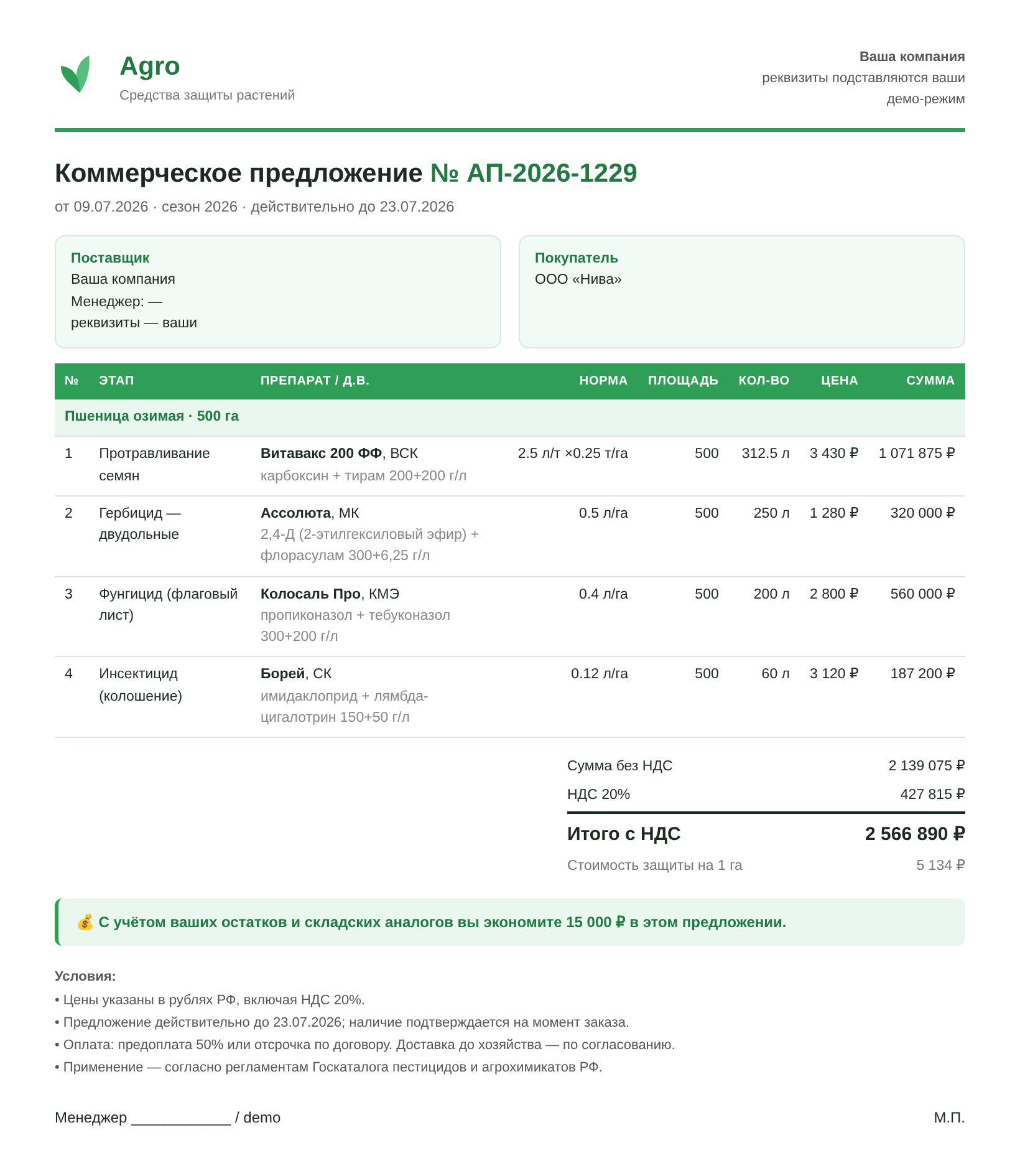 Готовое коммерческое предложение: расчёт объёма, стоимости и итог с НДС