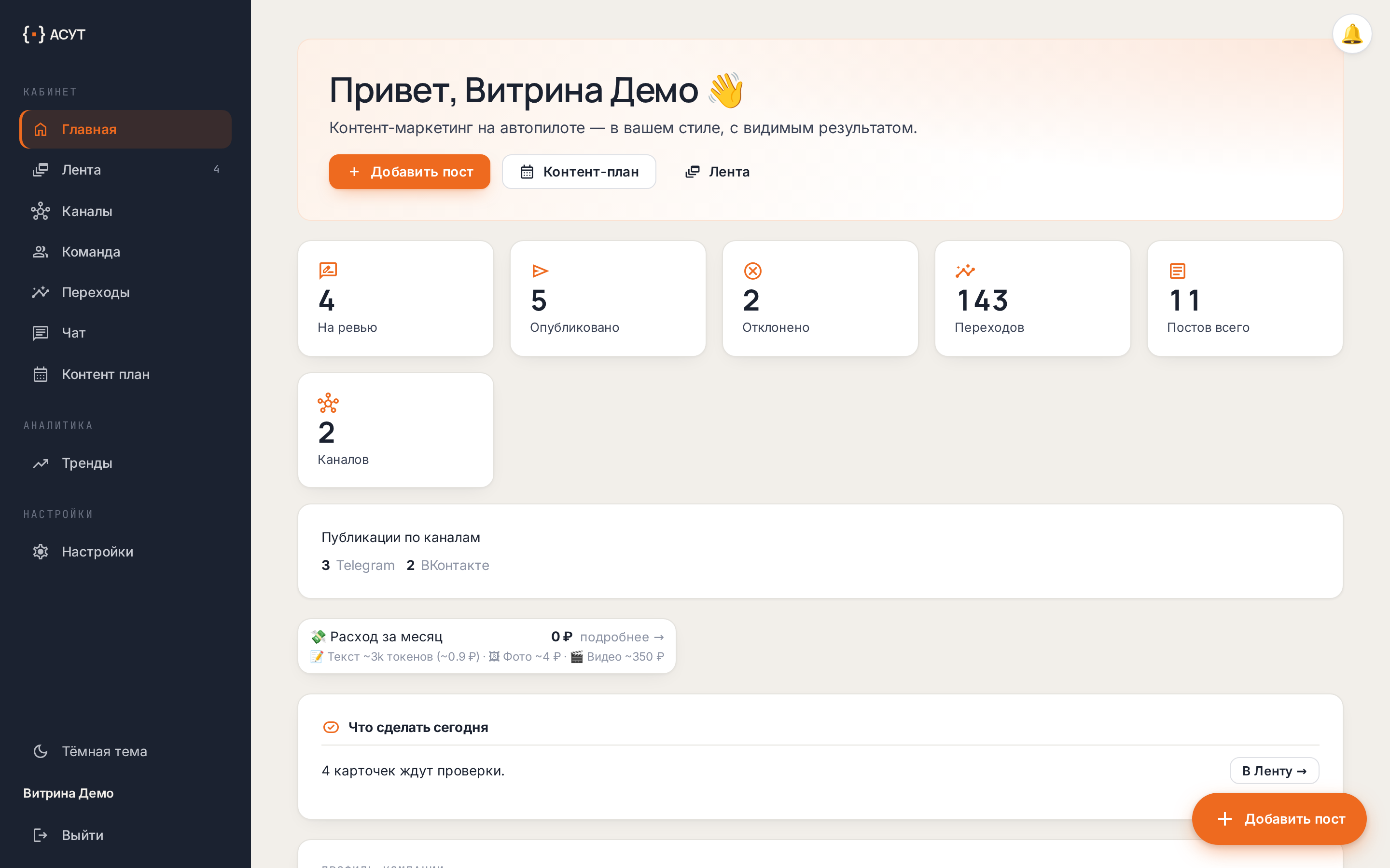 Контент-завод — кабинет: KPI по постам, переходам и каналам