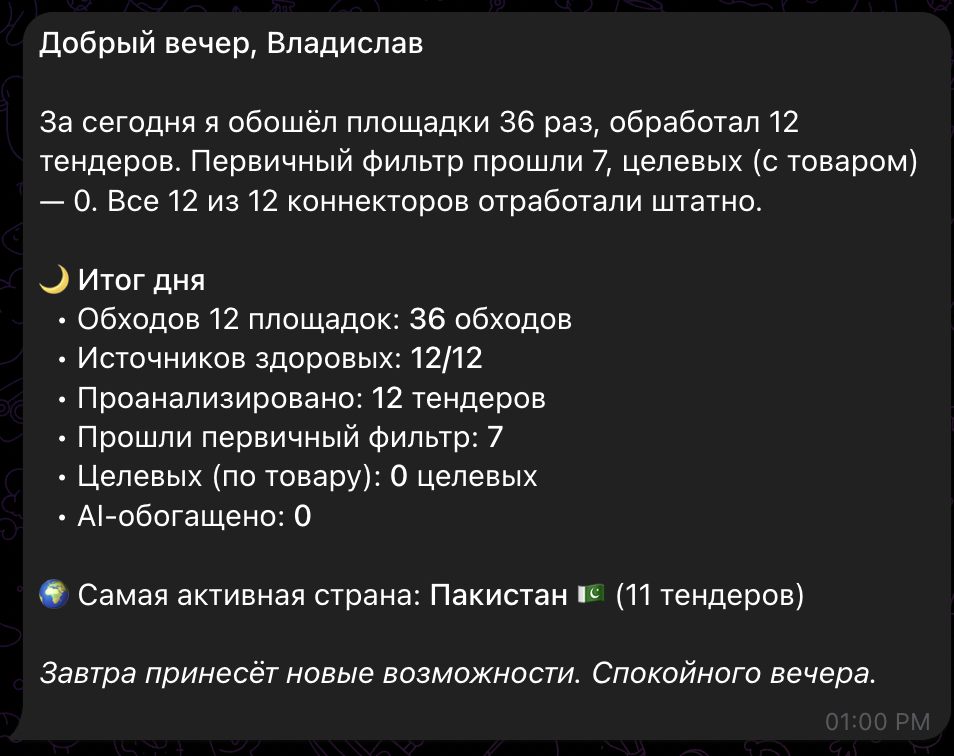 Вечерний обзор по тендерам: статистика обходов, фильтра, целевые тендеры дня